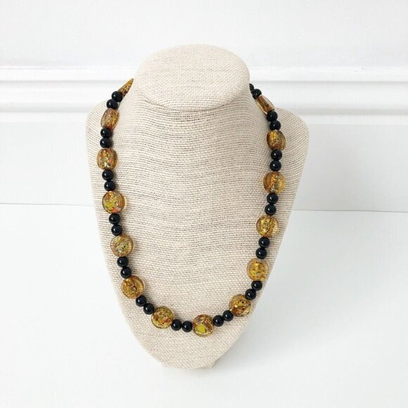 NWT Genuine Murano Glass & Black Onyx Beaded Necklace Yellow Black - Picture 1 of 5